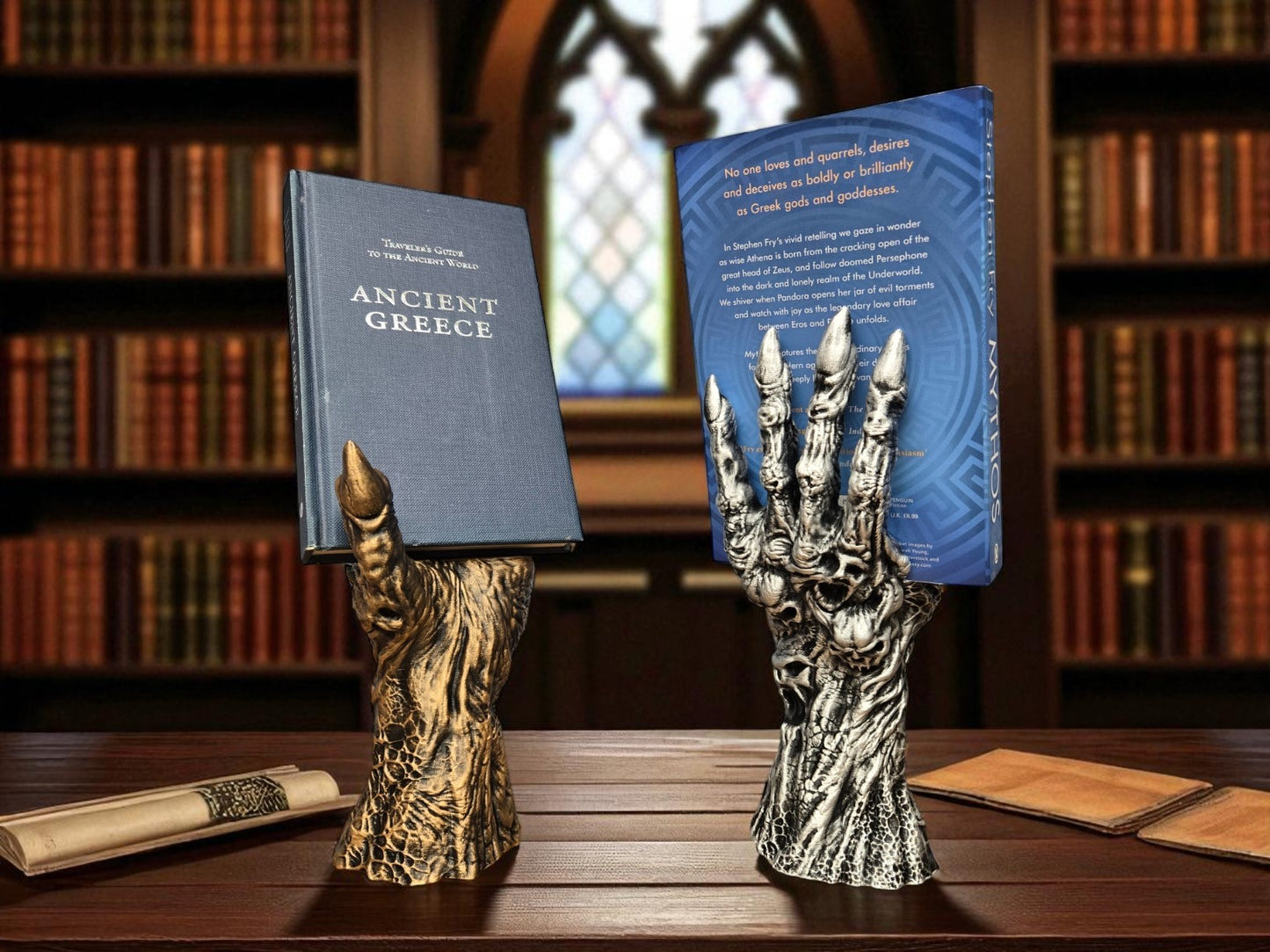 Death’s Grasp Book Display – 3D Printed Hand Holding Book Stand | Hand-Painted Silver or Gold