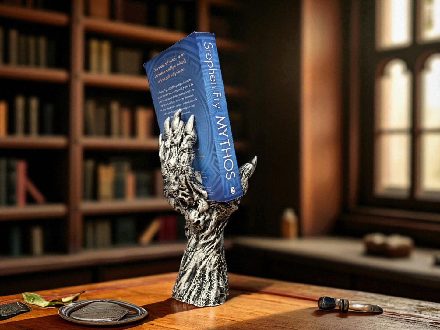Death’s Grasp Book Display – 3D Printed Hand Holding Book Stand | Hand-Painted Silver or Gold