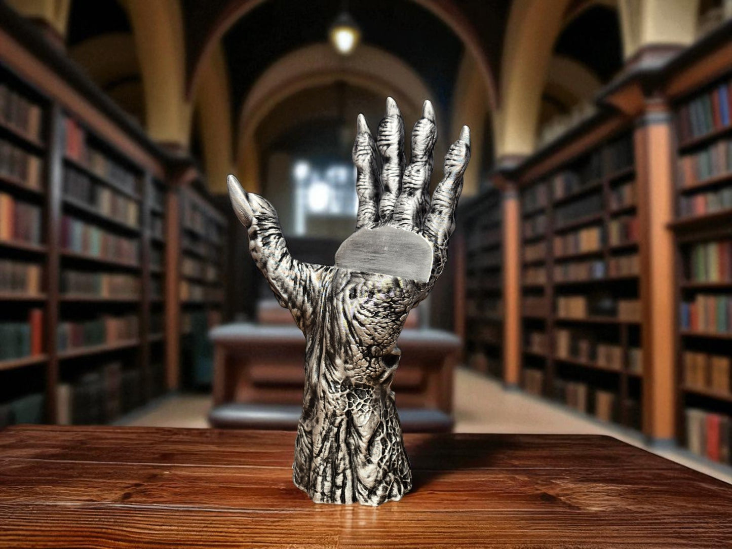 Death’s Grasp Book Display – 3D Printed Hand Holding Book Stand | Hand-Painted Silver or Gold