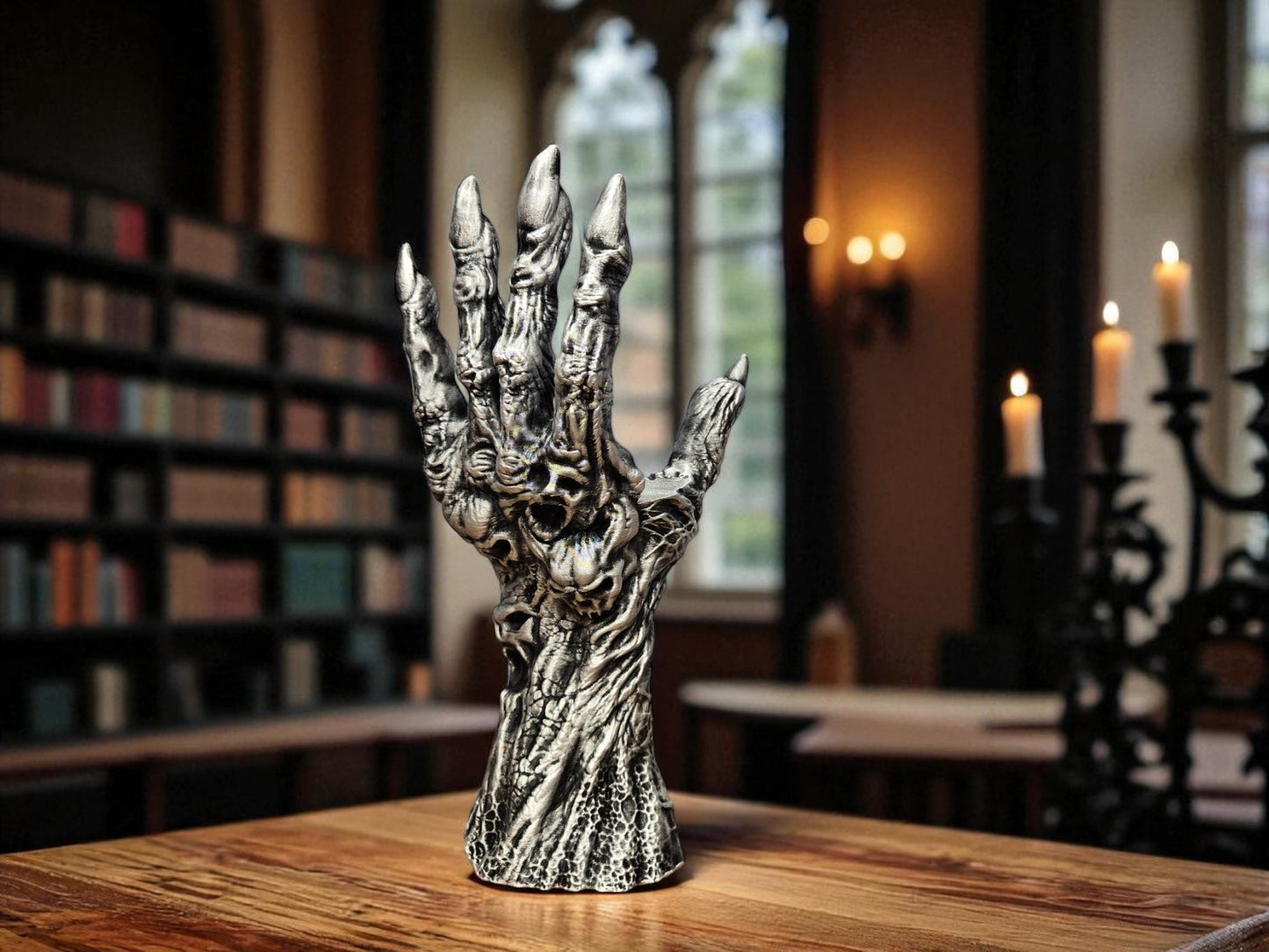 Death’s Grasp Book Display – 3D Printed Hand Holding Book Stand | Hand-Painted Silver or Gold