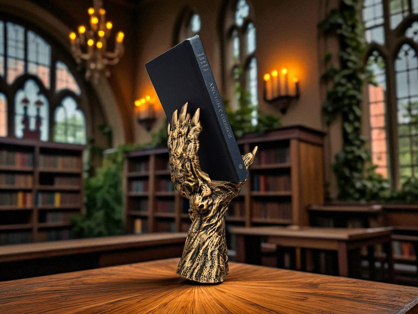 Death’s Grasp Book Display – 3D Printed Hand Holding Book Stand | Hand-Painted Silver or Gold