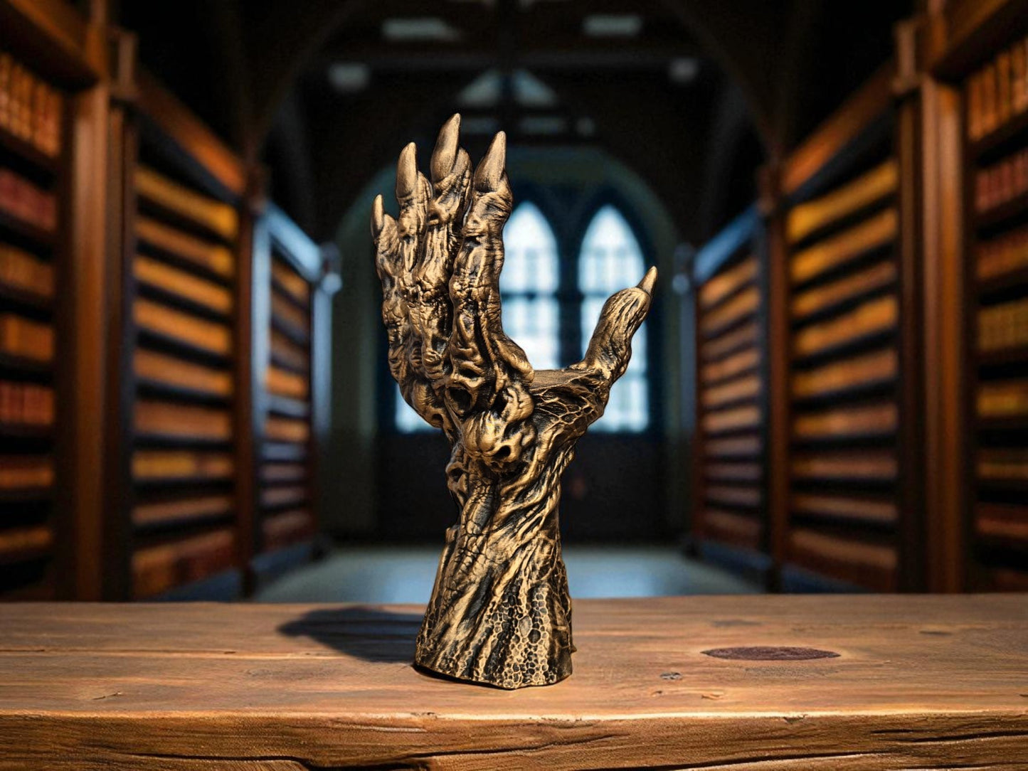 Death’s Grasp Book Display – 3D Printed Hand Holding Book Stand | Hand-Painted Silver or Gold