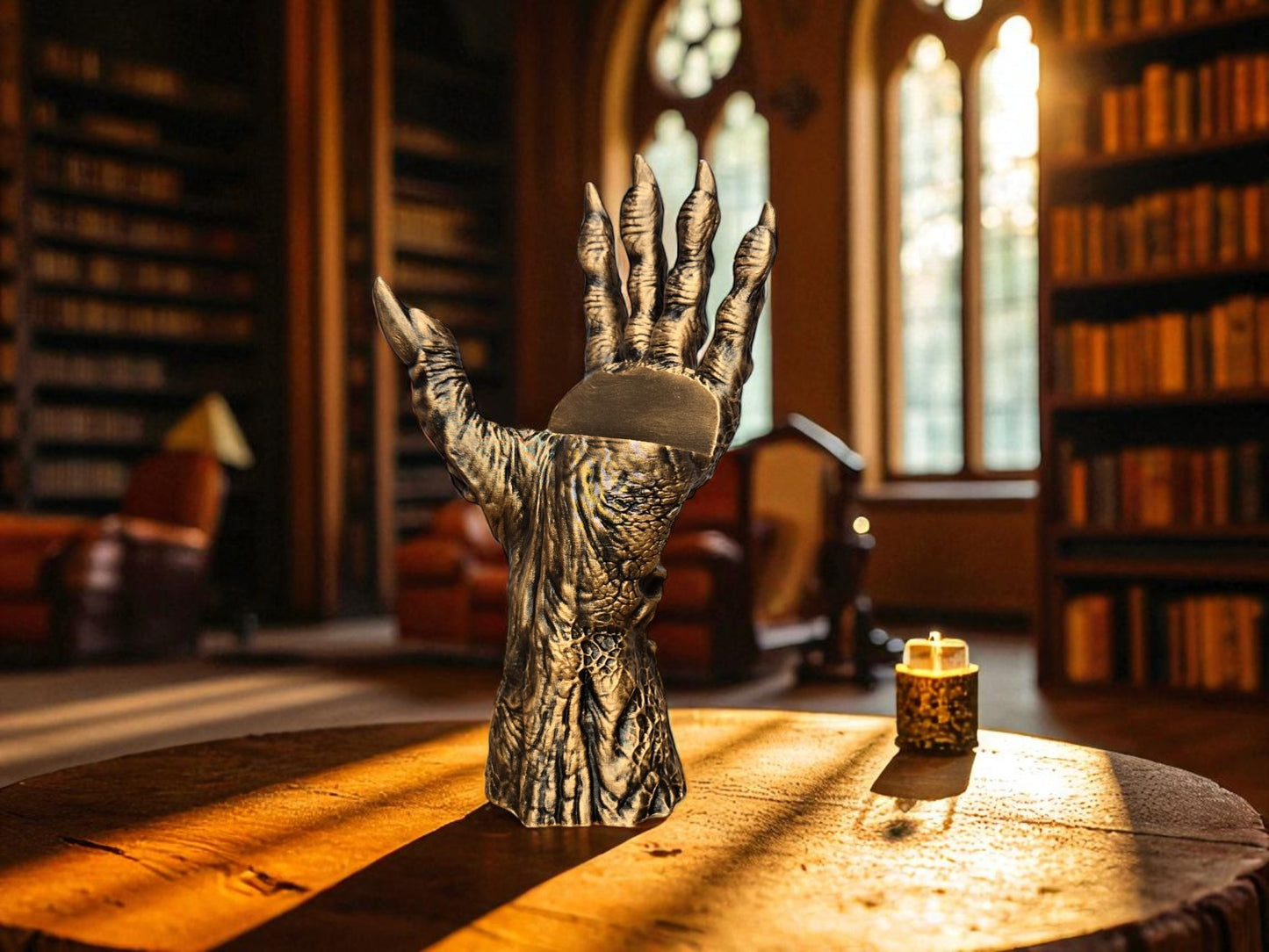 Death’s Grasp Book Display – 3D Printed Hand Holding Book Stand | Hand-Painted Silver or Gold