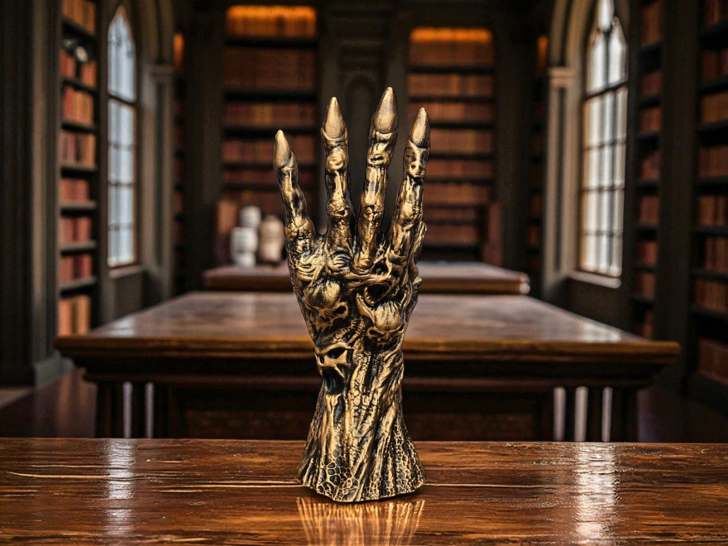 Death’s Grasp Book Display – 3D Printed Hand Holding Book Stand | Hand-Painted Silver or Gold